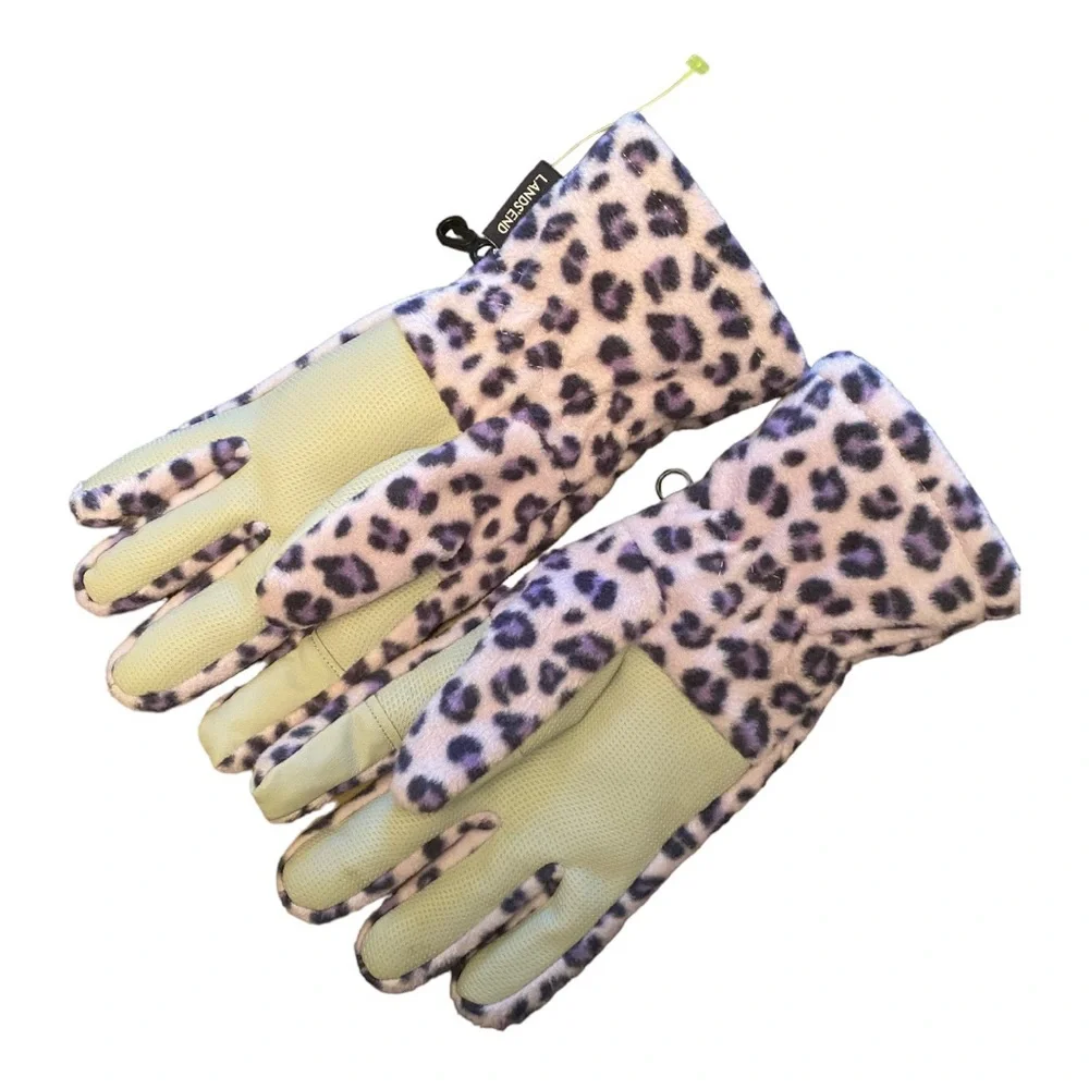 Lands' End Girls Fleece Winter Gloves L Lavender Cheetah Animal Print NWOT